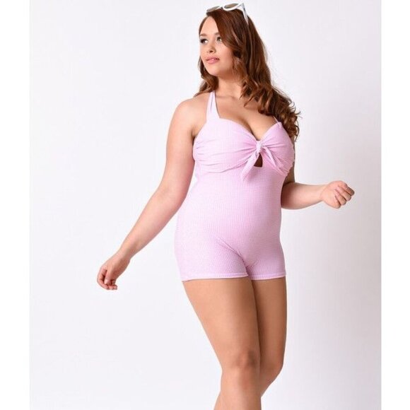 NWT Unique Vintage RARE Pink Gingham One-Piece Retro Halter Swimsuit XL - Picture 1 of 15